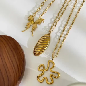Women Gold Plated Layered Butterfly Leaf Flower Charm Necklace 316L Stainless Steel Paperclip Chain Pendant