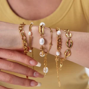 Women Gold Plated Multi Style Pearl Chain Bracelet Set 316 Stainless Steel Cuban Paperclip Snake Chain Jewelry