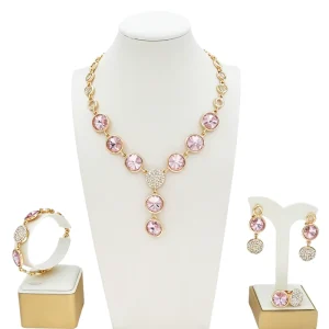 Women Gold Plated Pink Rhinestones Round Jewelry Set Necklace Earrings Bracelet Ring African Fashion Party Wedding