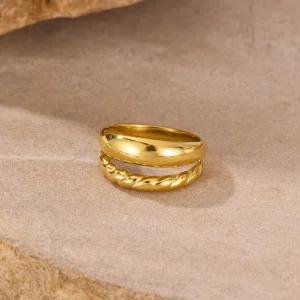 Women Gold Plated Two Layer Smooth & Twisted Rope Split Stacking Ring 316 Stainless Steel Minimalist Jewelry