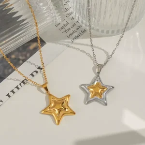 Women Gold Plated Two Tone Star Charm Necklace 316L Stainless Steel Thin Link Chain Fashion Jewelry Custom
