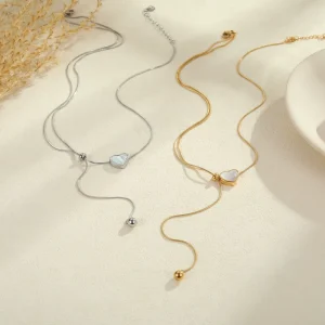 Women Gold Plated White Shell Heart Lariat Charm Necklace 316L Stainless Steel Adjustable Snake Chain Fashion Jewelry