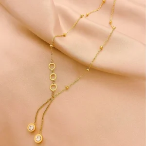 Women Gold Plated Zircon Y Drop Lariat Charm Necklace 316L Stainless Steel Bead Cable Chain Pendant Jewelry