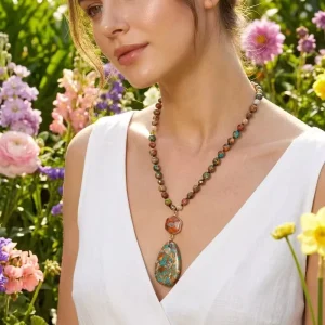Women Handmade Customize Jewelry 6/8mm Multicolor Natural Imperial Jasper Gemstone Knotted Hexagon Drop Necklace