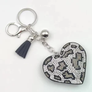 Women Heart Keychain Shiny Rhinestone Multi Color Leopard Pendant Key Ring for Purse Handbags with Tassel