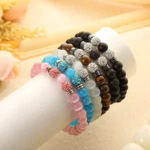 Women Jewelry 8mm Crystal Disco Ball Glass Cat Eye Stretch Beads Bracelet Round Natural Stone Beaded Bracelet