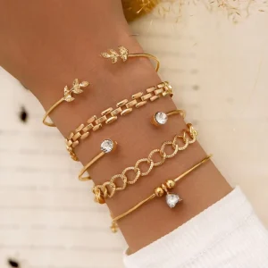 Women Jewelry Bracelets Sets Fashion Charm Geometric Leaf Beaded Love Diamond Opening Bracelet Bangle
