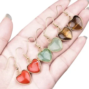 Women Jewelry Natural Gemstone Heart Shaped Gold Plated Pendant Earrings Healing Charm Crystal Crafts for Little Gifts