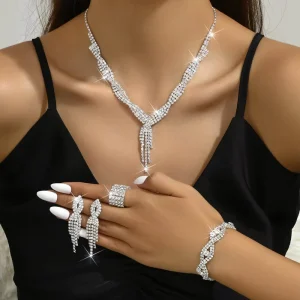 Women Jewelry Set Fashion Rhinestone Claw Chain Hollow Tassel Necklace, Earrings, Bracelet and Ring Set for Wedding Gift (KJ120)