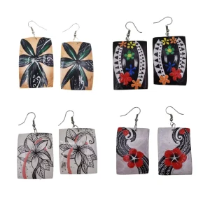 Women Jewelry Square Earring Handmade Coconut Earrings Floral Design Hand Painted