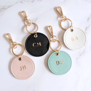 Women Keychain Gift Leather Metal Keychain Circle Keyring Personalised PU Leather Bag Tag