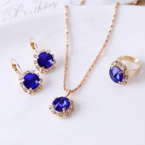 Women Ladies Wedding Bridal Jewelry Set Gold Plated 3 Pieces Round Crystal Necklace Earrings Ring Sets