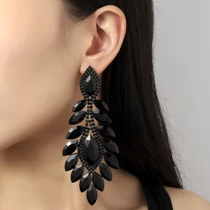 Women Leaf Shaped Shining Earrings Rhinestone Earrings Fashion Crystal Pendant Exaggerated Earrings