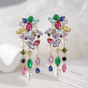 Women Long Tassel Drop Earrings Irregular Geometry CZ Pearl Splicing Design Anniversary Jewelry