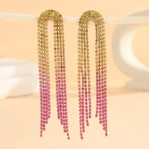 Women Long Tassel Earrings Simple Temperament Multicolor Claw Chain Full Color Gradient Rhinestone Earrings