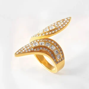 Women Luxury Crystal Jewelry Gold Fashion Ring Leaf Geometric Trendy Style for Daily Holiday Party 316L Stainless Steel Rings