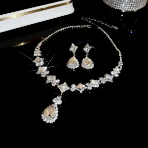 Women Luxury Fashion Designer Jewelry Set Stylish 3 Piece Color Diamond Alloy Water Drop Pendant Necklaces Earrings Set