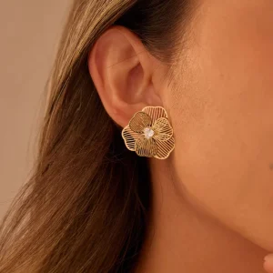 Women Luxury Fashion Jewelry Earrings Minimalist 18K Stainless Steel 3D Hollow out Flower Shaped Zircon Stud Earrings