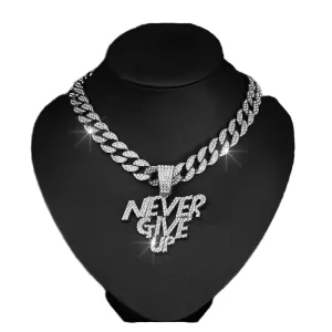 Women Men Hip Hop Jewelry Bling Rhinestone Alloy Letter NEVER GIVE up Punk Pendant Cuban Chain