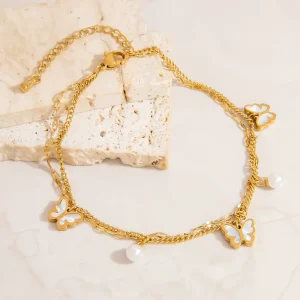 Women Minimalist Foot Jewelry Butterfly Pearl Summer Beach Gold Plated Stainless Steel Anklet