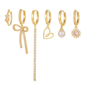 Women New 6pcs Brass Heart Ear Buckle Long Tassel Zircon Earrings Fashion Luxury Metal Pearl Stud Earring Set