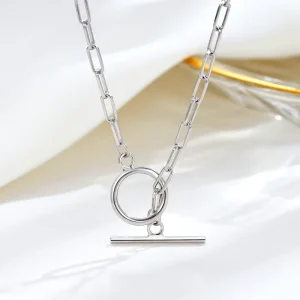 Women OT Chain Paperclip Chain Choker Necklace 925 Sterling Silver Simple Geometric Circle Bar Necklace