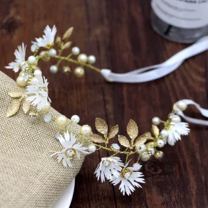 Women Pearl Flower Tiara White Pearl Leaf Wedding Headband Bridal Hair Accessories for Bridal Head Ornament