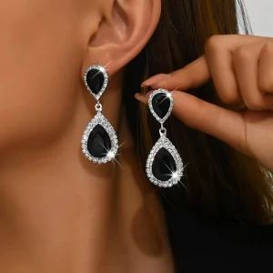 Women Rhinestone Waterdrop Black Crystal Glass Dangle Drop Earrings Claw Chain Dinner Dress Party Jewelry Earrings
