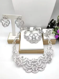 Women Silver Tone Abstract Flower Jewelry Set Statement Necklace Earrings Bracelet Ring African Fashion for Party Wedding