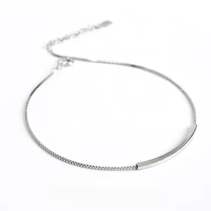 Women Square Tube Curved Bar Box Chain Ankle Bracelets Silver Charm Anklets 925 Sterling