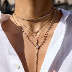 Women Stainless Steel 18K Gold Plated Link Chain Necklace with Waterdrop Zircon