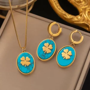 Women Stainless Steel 18k Gold Pearl Shell Zircon Clover Butterfly Heart Pendant Necklace Earring Jewelry Set
