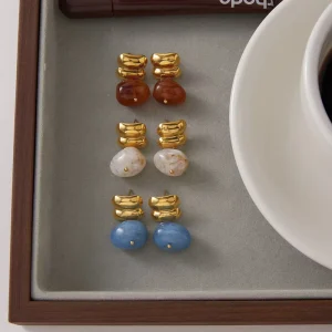 Women Stainless Steel Colorful Geometric Round Resin Pendant Earrings Vintage High-end Exaggerated Elegant Party Jewelry