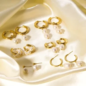 Women Stainless Steel Natural Freshwater Pearl Earrings Pvd Gold Plated Dangle Hoop Earring Jewelry