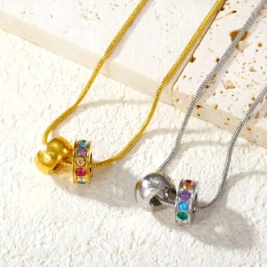 Women Stainless Steel Pendant Necklace with Zircon Double Ring Rainbow Snake Bone Chain Dual Gold Silver Color