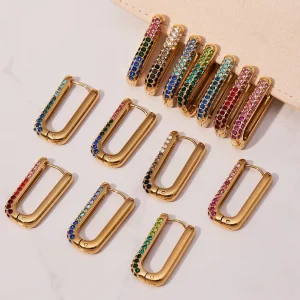 Women Stud Earrings Stainless Steel Gold Color Plated Oval Cut Diamond Claw Setting Blue Luster Costume Jewelry Gift