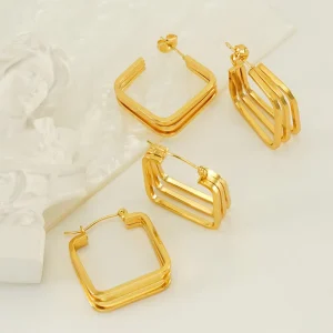 Women Trendy Bohemian Style Jewelry Gold Hoop Earrings Set 18K Gold Plated Stainless Steel Hypoallergenic Statement Open Chunky