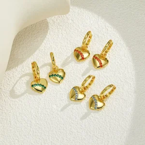 Women Trendy Fashion Personality Brass 14K Gold Plated Colored Zircon Heart Hoop Earrings Luxury Hammered Gift