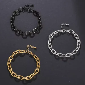 Women Trendy Jewelry Fashion Minimalist Gold Silver Black Stainless Steel Link Chain Chunky Charm Bracelet With Necklace