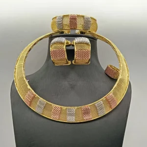 Women Tricolor Gold Plated Mesh Jewelry Set Choker Necklace Earrings Bracelet & Ring African Fashion for Party Wedding