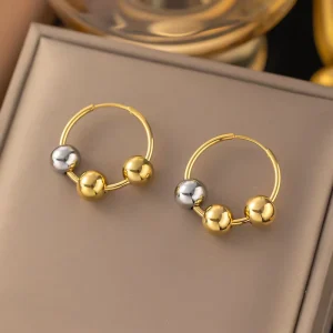 Women Two Tone Gold Silver Bead Hoop Earrings 316L Stainless Steel Minimalist Round Ball Circle Daily Jewelry
