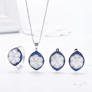 Women Wedding 925 Sterling Silver Blue CZ Jewelry Set