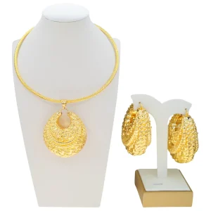 Women Wedding Jewelry Big Pendant Round Jewelry Set Non Tarnish Hollow Necklace Earring Set