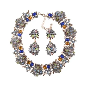 Women Wedding Jewelry Set Fashion Hipster Crystal Rhinestone Statement Necklace Earrings Set for Women