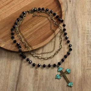 Women Western Jewelry 3 Layer Multiple Chains Crystal Glass Necklace Catholic Religious Aeruginous Alloy Cross Pendant Necklace