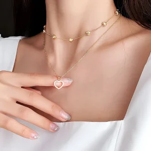 Women s Elegant Minimalist Design Golden Heart Double Layer Diamond Heart Pendant Chocker Necklace Zinc Alloy Gold Plated