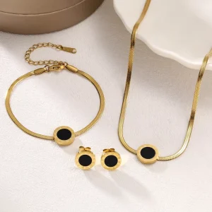 Women s Fashion Jewelry Set 18K Gold Plated Stainless Steel Snake Chain Black Circle Necklace Bracelet Earrings