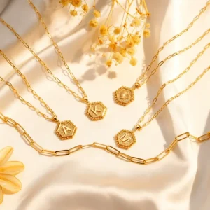 Women’s 14k Gold Multi Layered Necklace Cute Hexagonal Initials Fashionable and Simple a Jewelry Gift for Friends