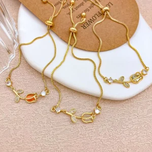 Women’s 18K Gold Plated Flower Charm Bracelet with Claw Setting Zircon Anniversary Gift