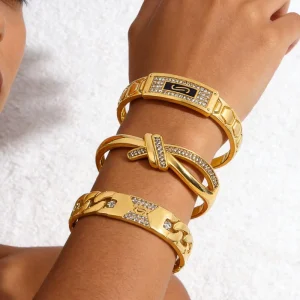 Women’s 18K Gold Plated Open Cuff Bangle Bracelets Stainless Steel Mixed Design CZ Enamel Bangles